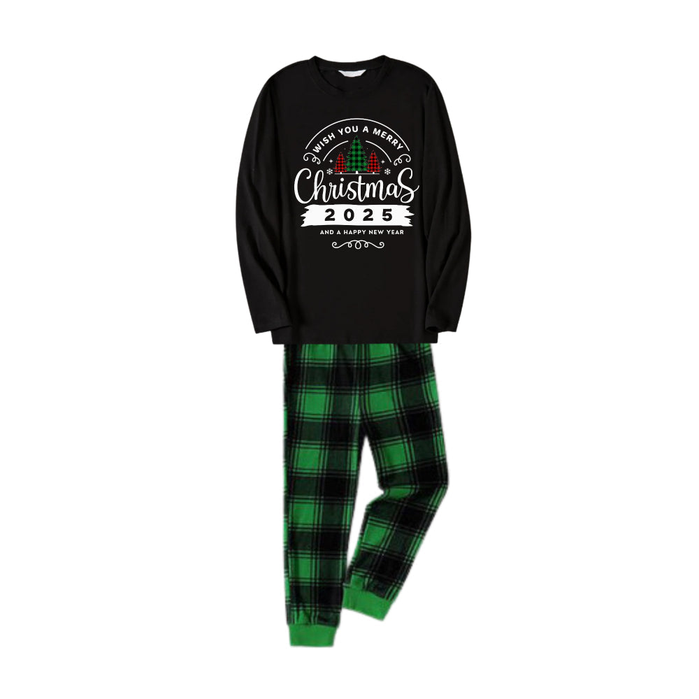 Christmas Family Matching Pajamas-Black Top and Green Plaid Pants Pjs Set with "Wish You A Merry Christmas 2025" Print