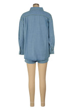 Denim Turndown Collar Long Sleeve Jacket Shorts Solid Color 2pcs Set-Blue