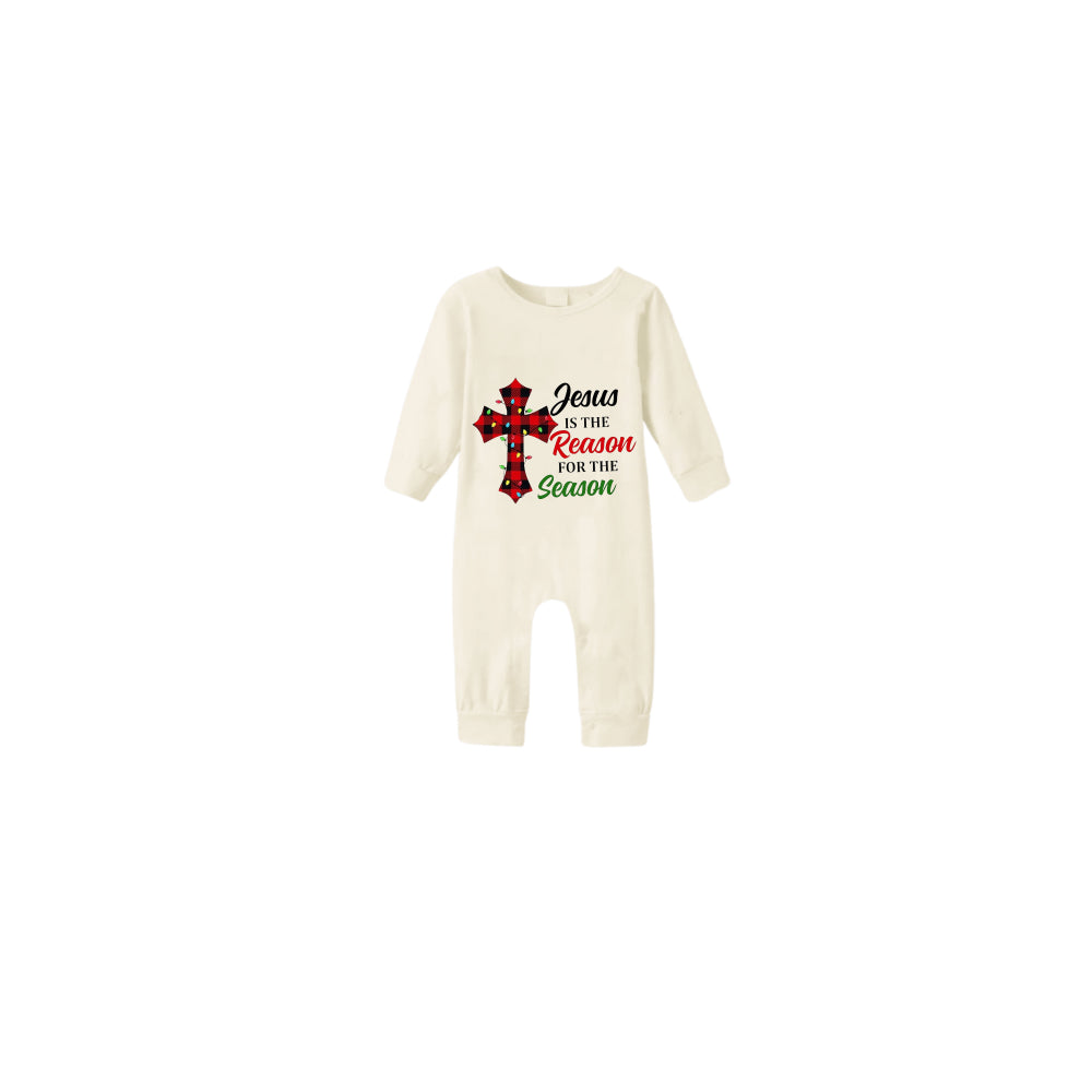 Beige Christmas Pattern Print Christmas Pajamas Set With "Jesus Is The Reason For The Season" Slogan Print