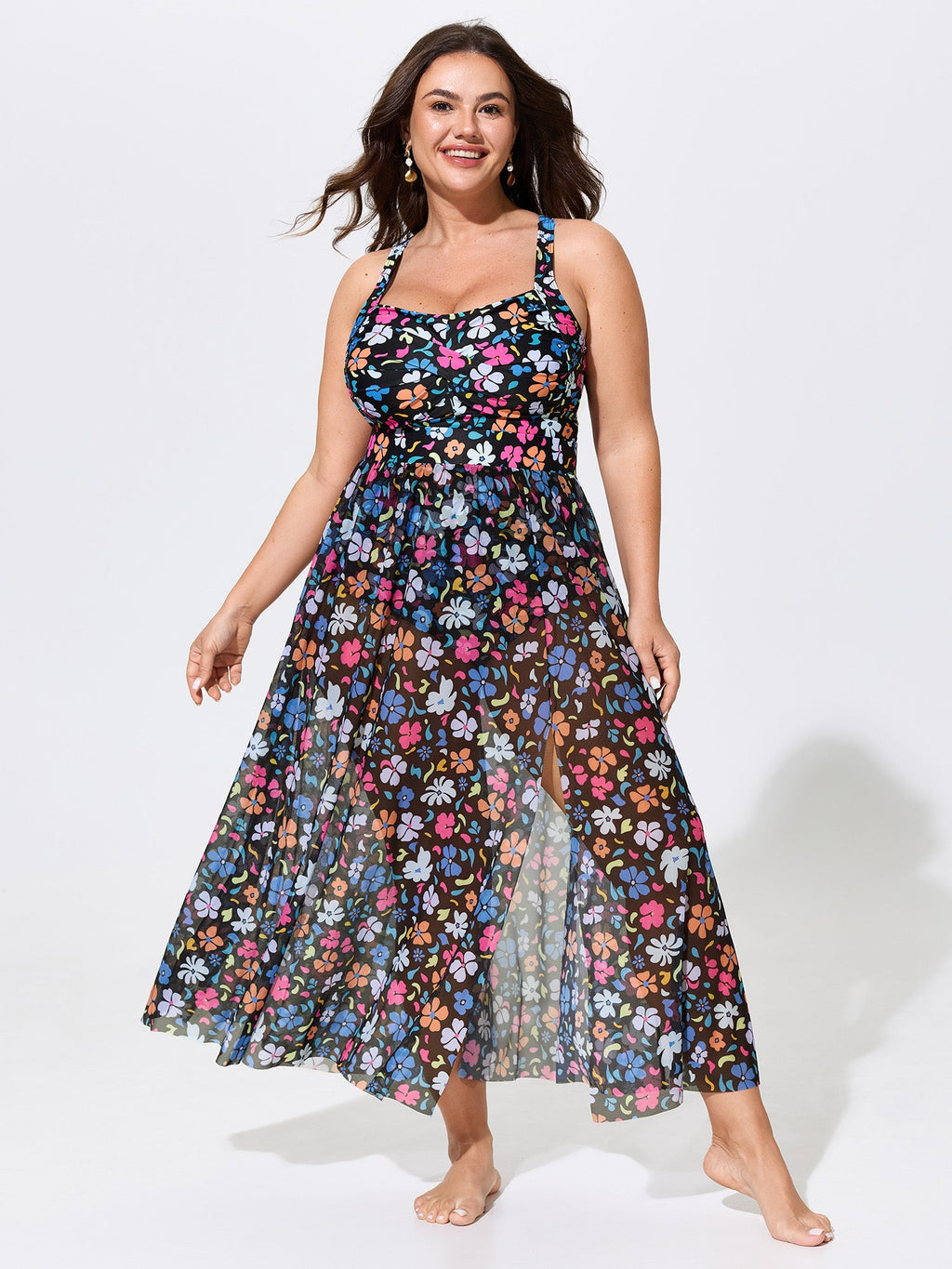 Split Hem Sarong Set Floral One-Piece Swim