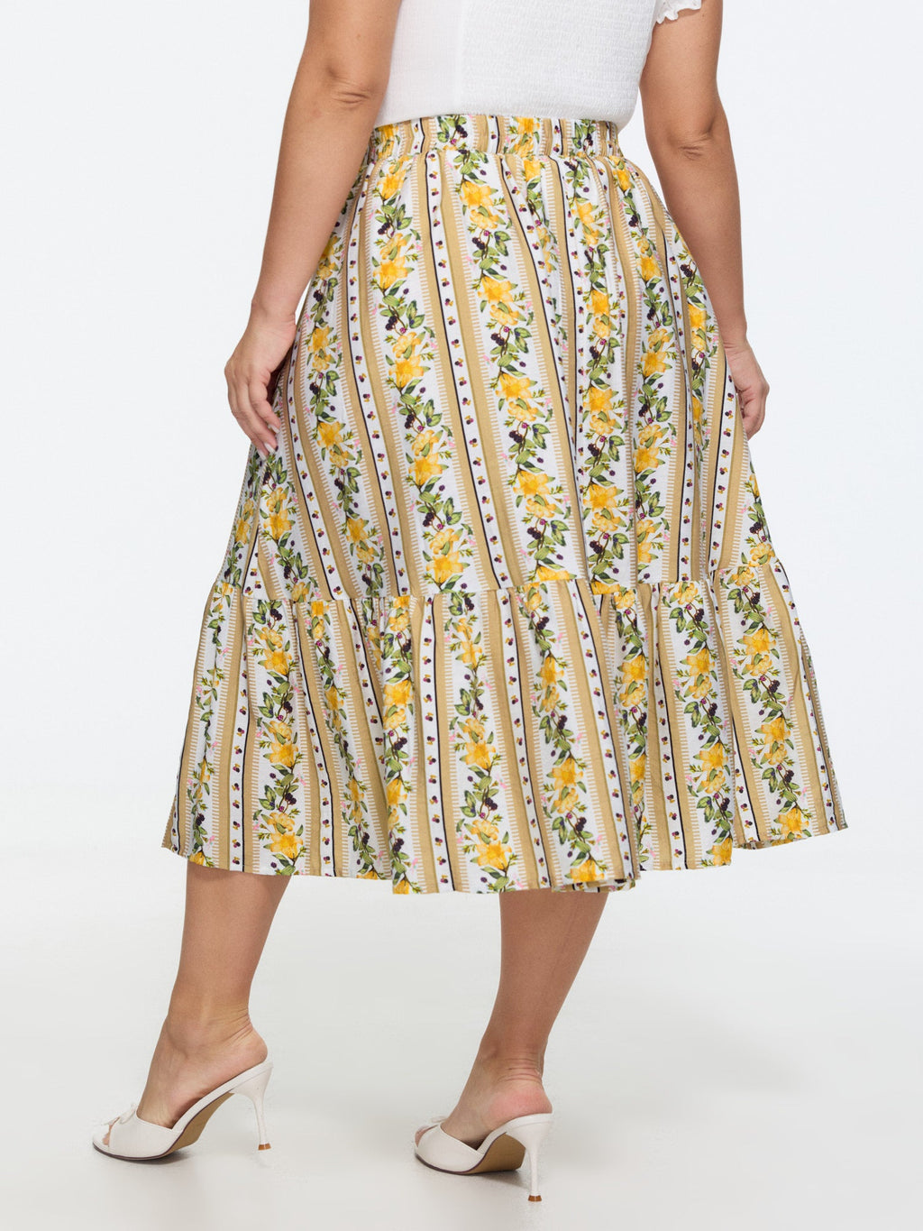 Floral Striped Print Ruffled Hem Midi Skirt