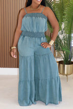 Convertible Strapless Cami Neck Denim Smocking Wide Leg Casual Jumpsuit-Blue