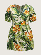 Tropical Print Shirred Wide-Leg Romper