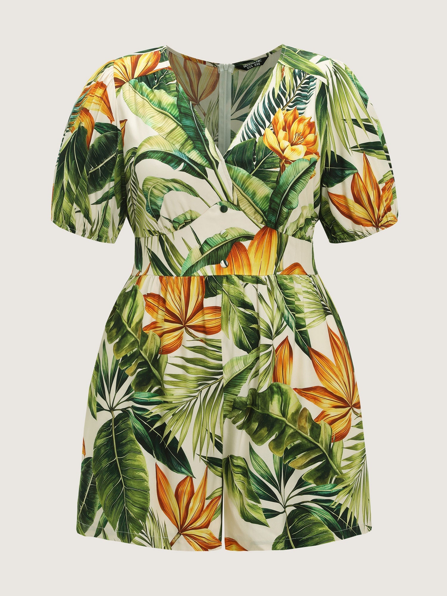 Tropical Print Shirred Wide-Leg Romper