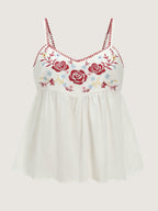 Floral Embroidered Neckline Babydoll Top