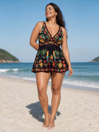 Tropical Floral Print V-Neck Swim Top