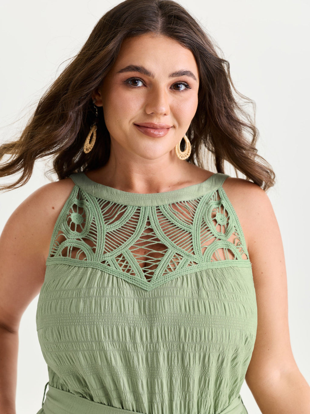 Sheer Lace Neckline Ruffled Hem Jumpsuit