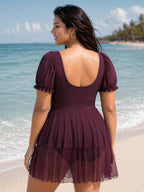 Sheer Ruched Bodice Tiered Swim Dress