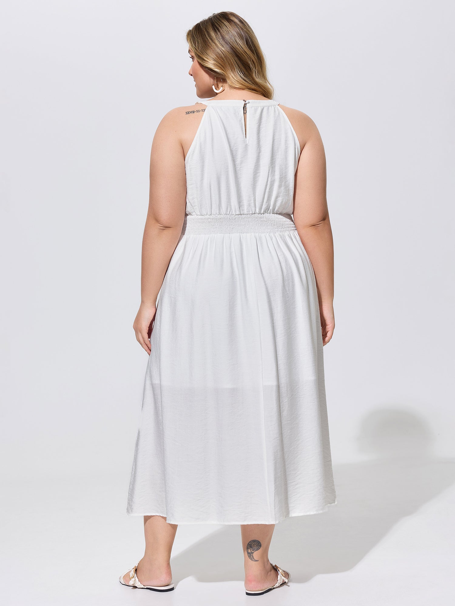 Lace Shirred Waist Halter Neckline Midi Dress