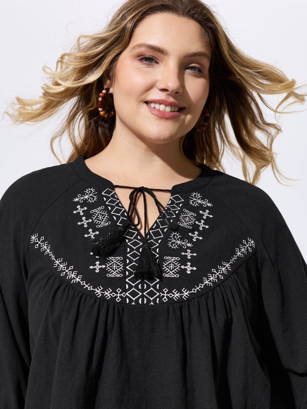 Cotton Boho Embroidered Tassel Blouse