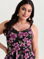 Sweet Floral Print Shirred Cami Midi Dress