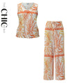 Orange Leaves Pattern V-Neck Vest Top & Pleated Pants