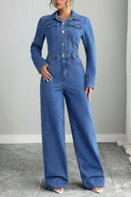 Denim Turndown Collar Long Sleeve Solid Color Wide Leg Casual Jumpsuit-Blue