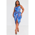 Plus Blue Abstract Print Chiffon Ruched Drape Midi Dress