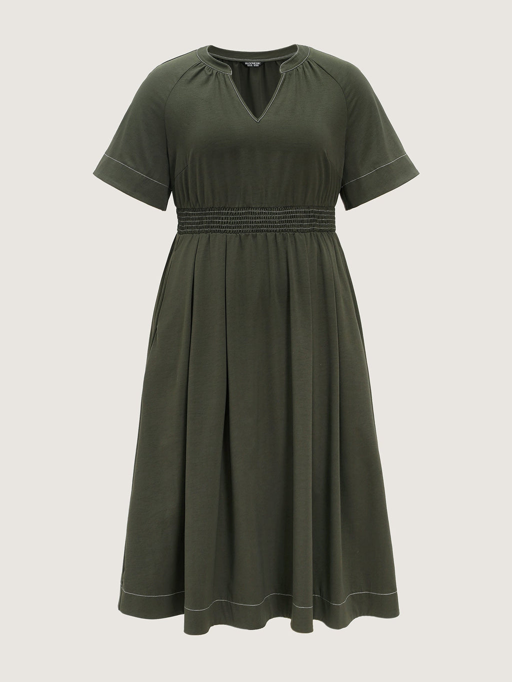 Classic Notched Collar Shirred Midi Dress