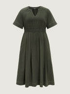 Classic Notched Collar Shirred Midi Dress