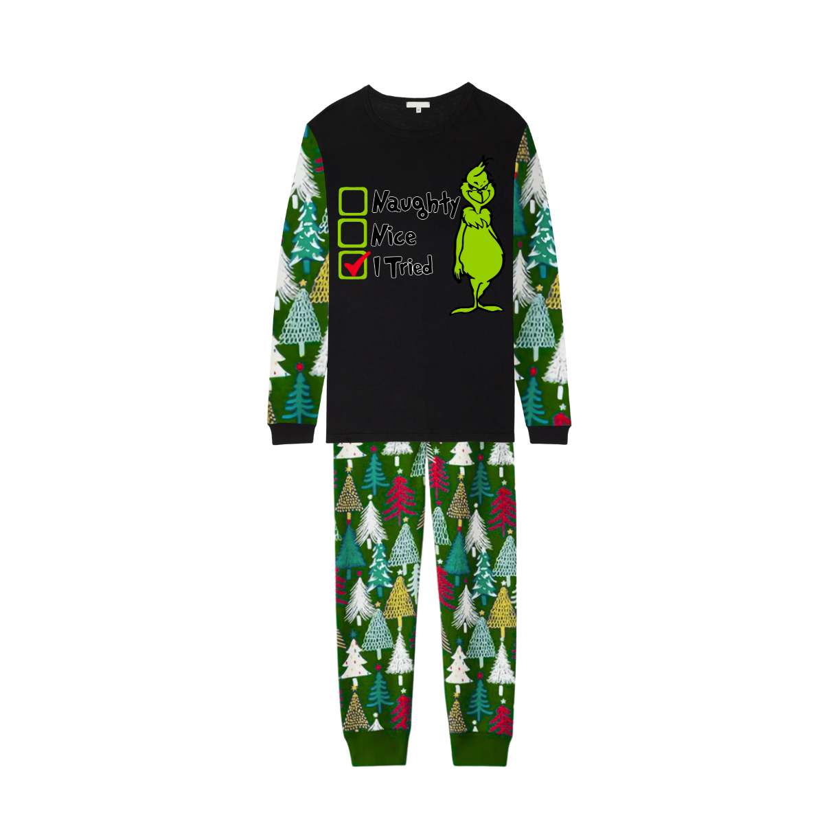 Grinch's Naughty or Nice Pajama Set with Christmas Tree Pattern – I Tried