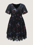 Stretchy Floral Mesh V-Neck Mini Dress