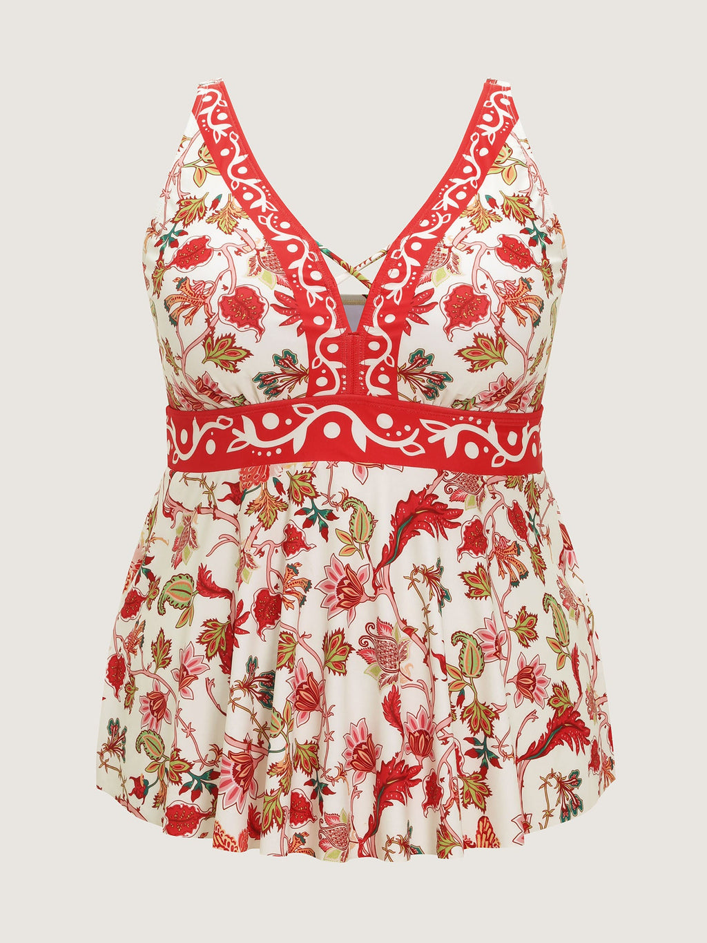 Floral Print Color Contrast Cut-Out Neckline Swim Top