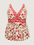Floral Print Color Contrast Cut-Out Neckline Swim Top
