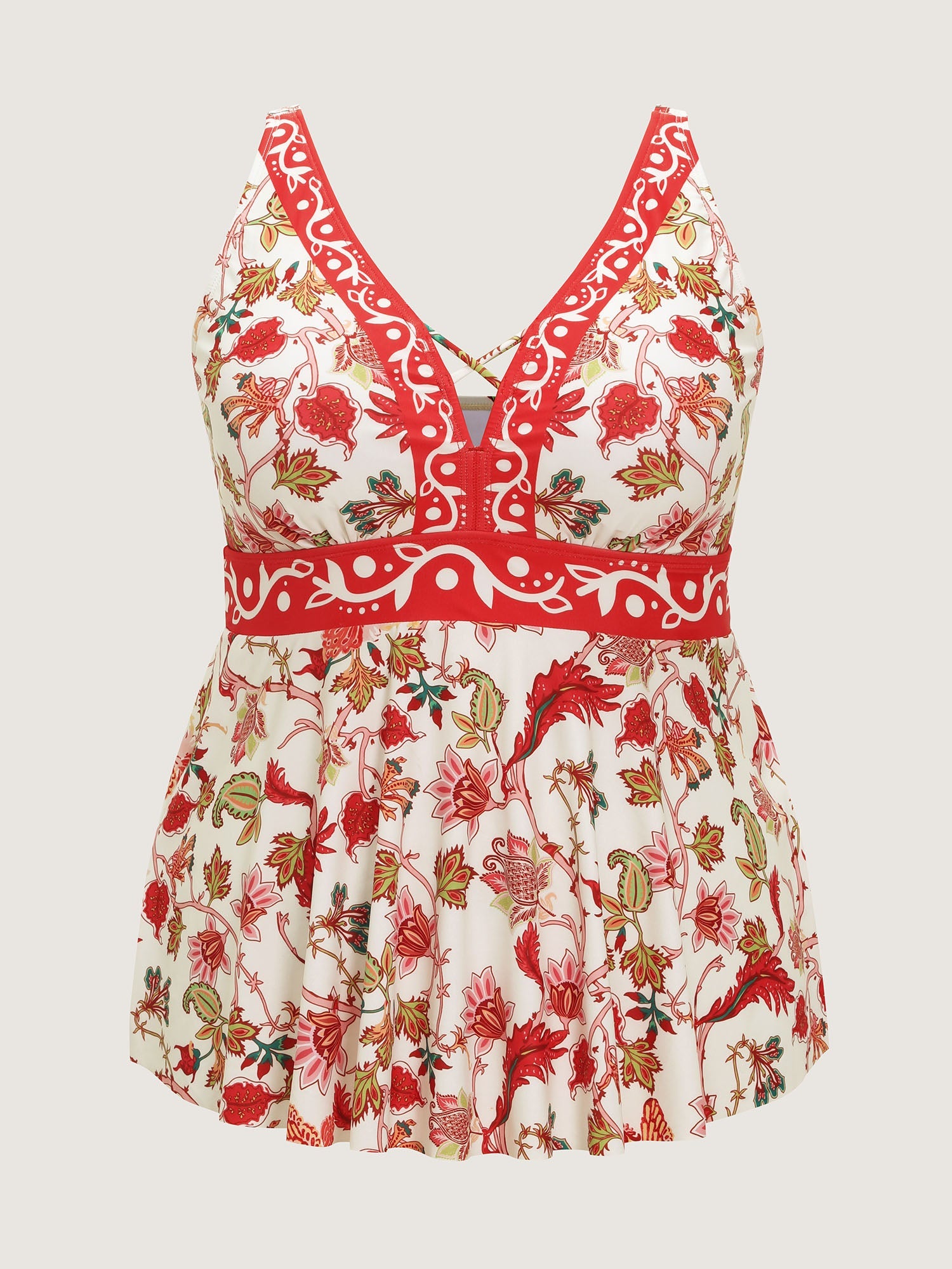 Floral Print Color Contrast Cut-Out Neckline Swim Top