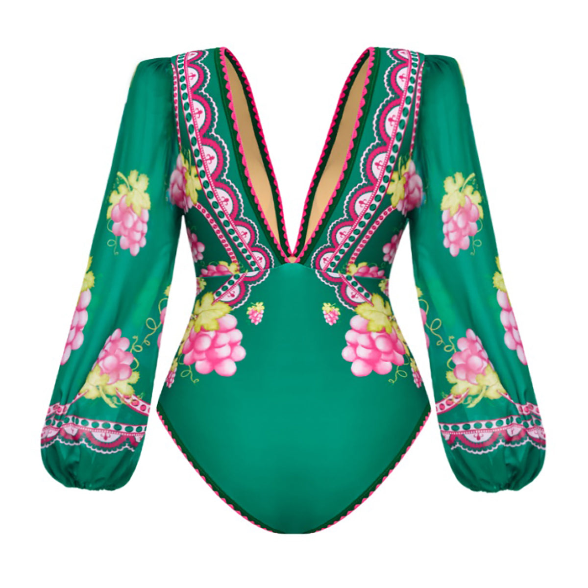 Green Grape Blossom Tropical Vineyard V-Neck Long Sleeves Swimsuit & Skirt