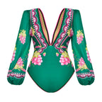 Green Grape Blossom Tropical Vineyard V-Neck Swimsuit & Skirt Set