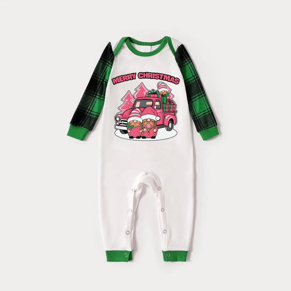 Green Raglan Top Green Plaid Christmas Pajamas Set With Pink Gnomes and "MERRY CHRISTMAS" Print