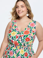 Vibrant Floral Print Shirred Waist Jumpsuit