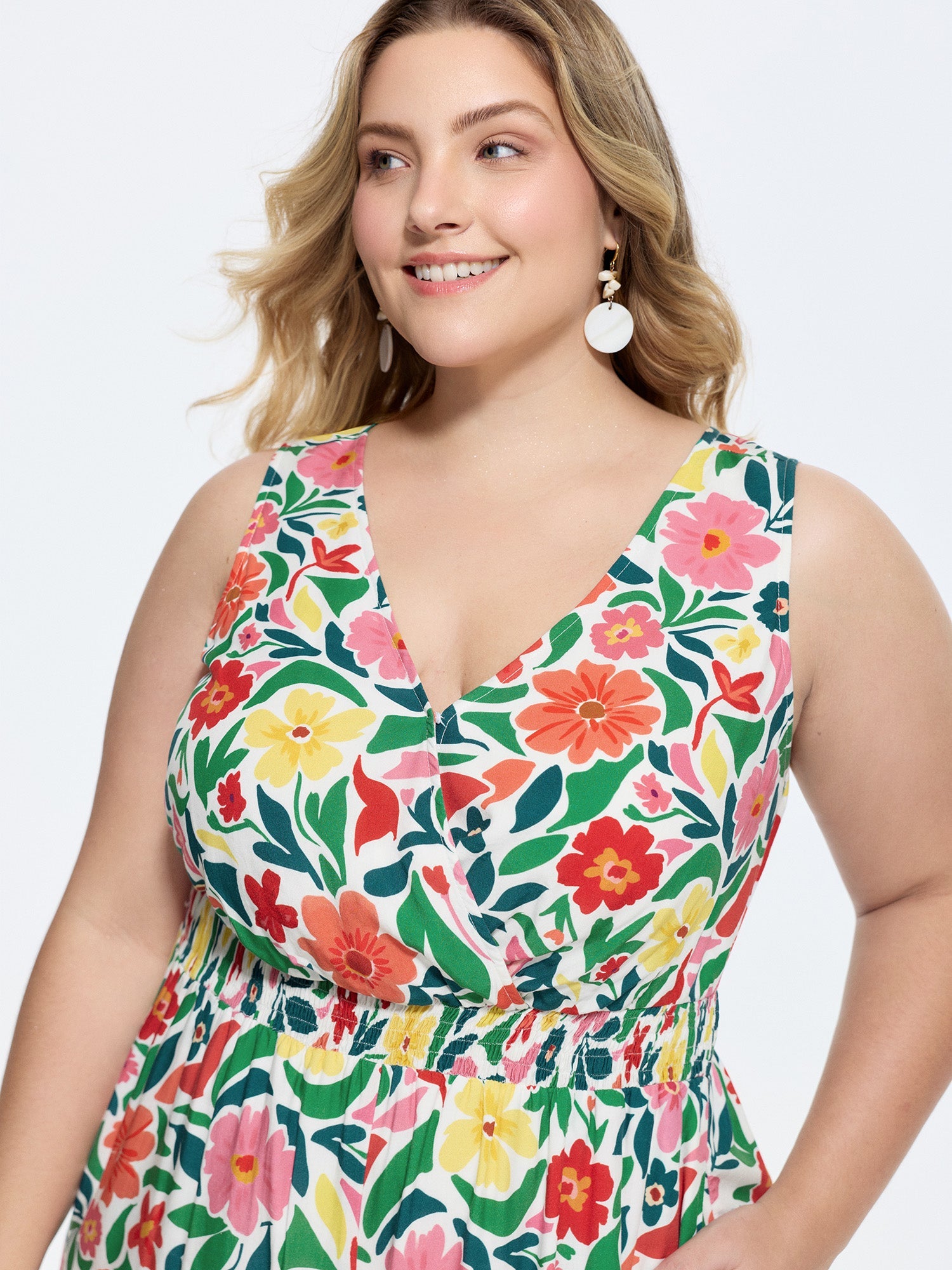Vibrant Floral Print Shirred Waist Jumpsuit