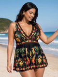 Tropical Floral Print V-Neck Swim Top