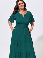 Shirred Waist Split Neckline Tiered Maxi Dress