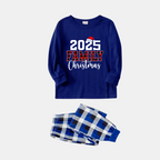 "2025 Family Christmas" Text Printed  Blue and White Plaid Family Matching Pajamas