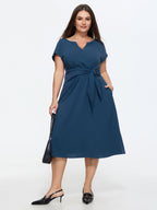 Split Neckline Side Waist-Tie Midi Dress