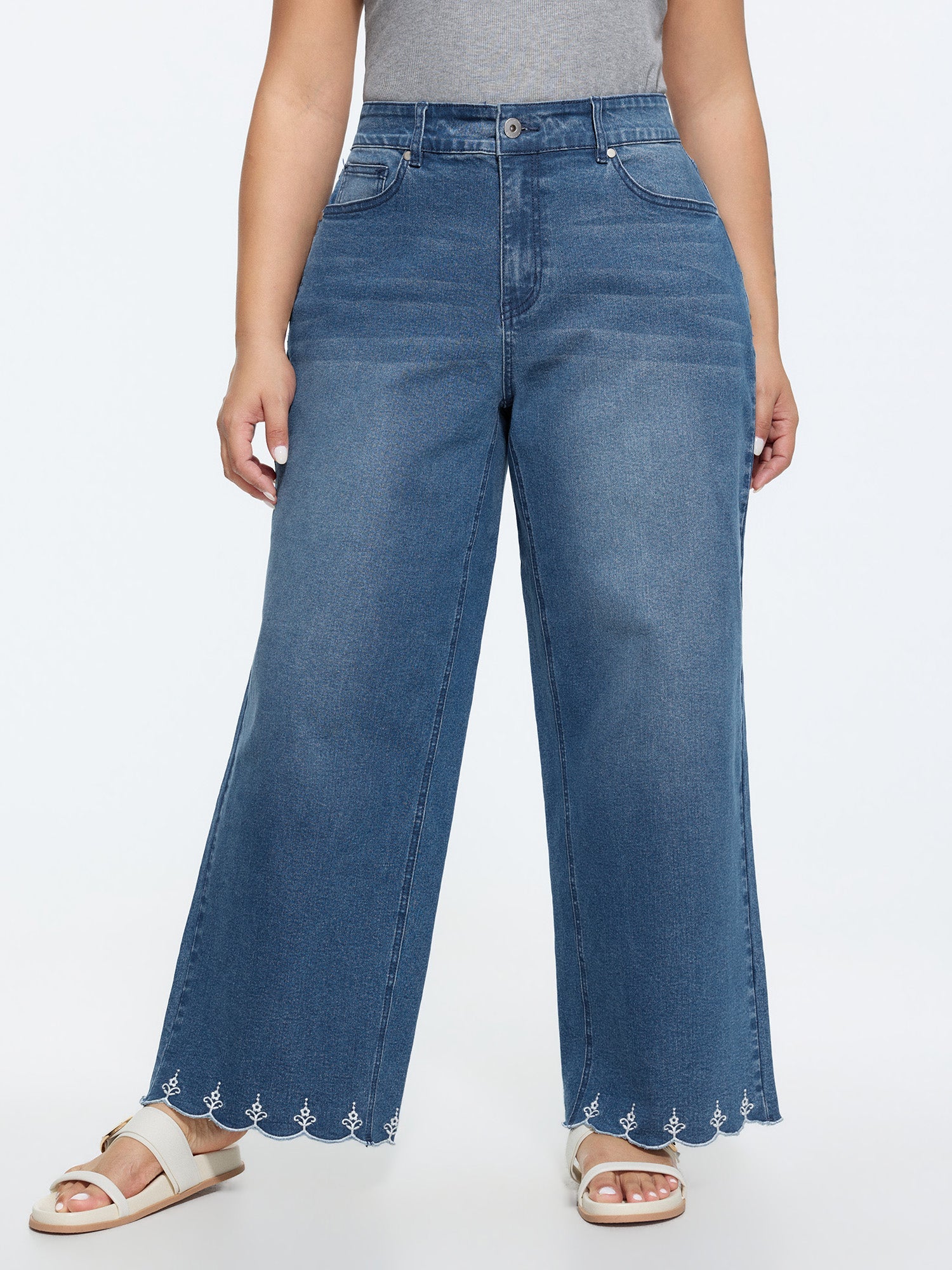 Stretchy Embroidered Hem Wide-Leg Jeans