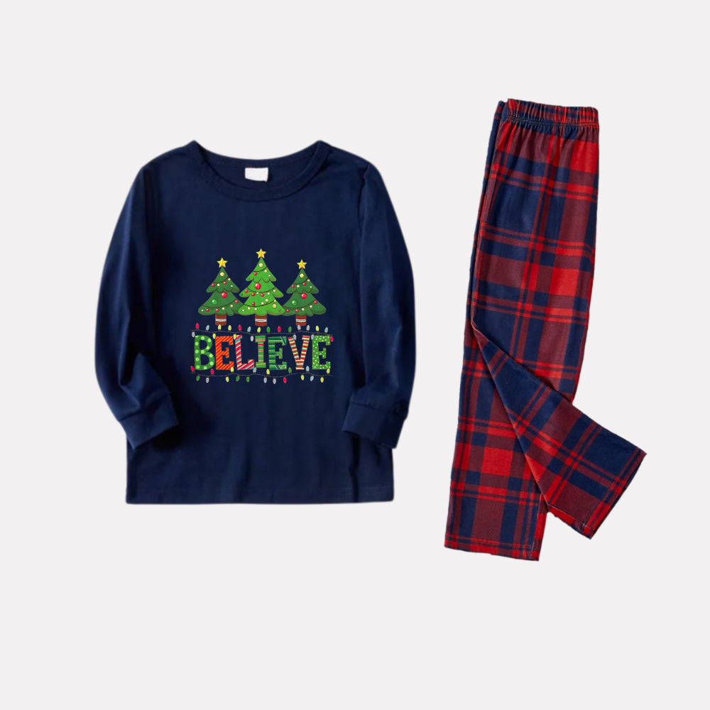 Christmas Family Matching Pajamas-Navy & Red Plaid Pjs Set with Christmas Tree and "Believe" Text Print