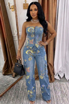 Floral Strapless Top Cargo Pants Denim Casual 2pcs Set-Blue [Pre Order]