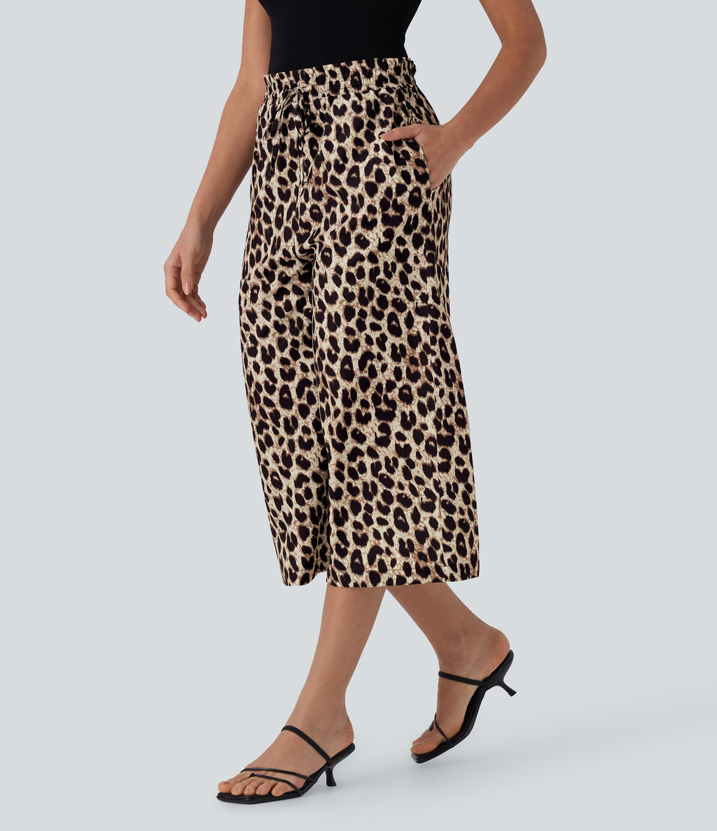 High Waisted Drawstring Leopard Print Wide Leg Capri Casual Pants with Pockets