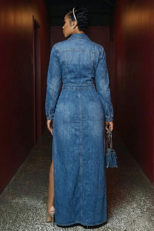 Denim Turndown Collar Long Sleeve Slit Casual Maxi Dresses-Blue