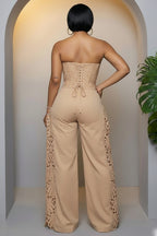 Strapless Cinch Waist Hollow Out Wide Leg Casual Jumpsuit-Beige