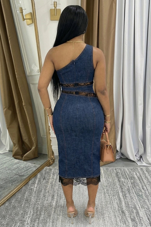 Denim One Shoulder Lace Patchwork Slim Casual Maxi Dresses-Navy
