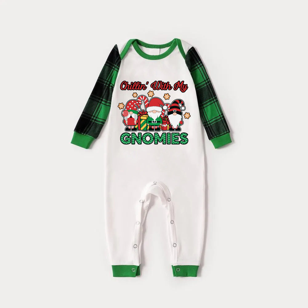 Green Raglan Top Green Plaid Christmas Pajamas Set With "Chillin With My GNOMIES" Green and Red Gnomes Print