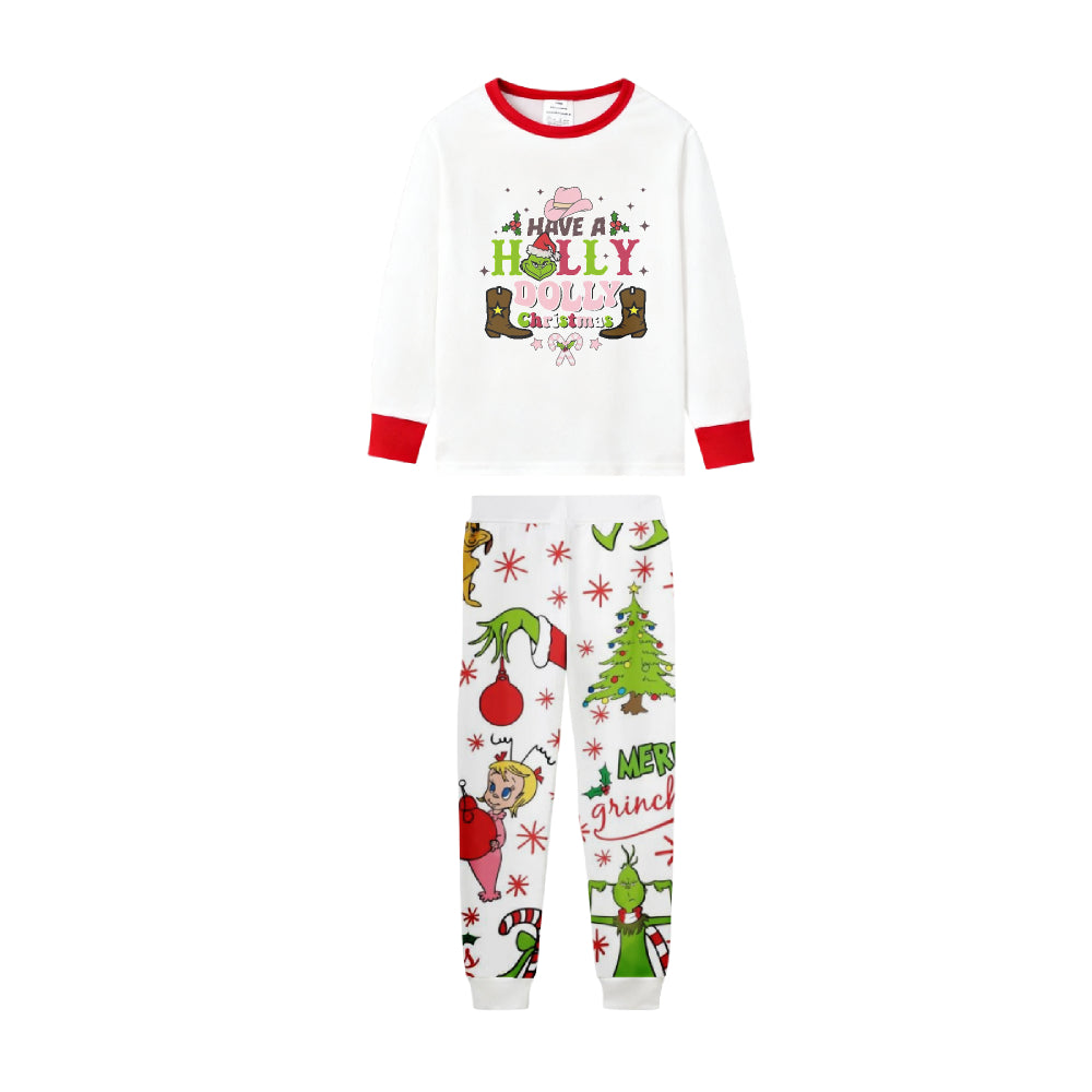 Family Christmas White Pajamas Set With Holly Dolly Pattern Print