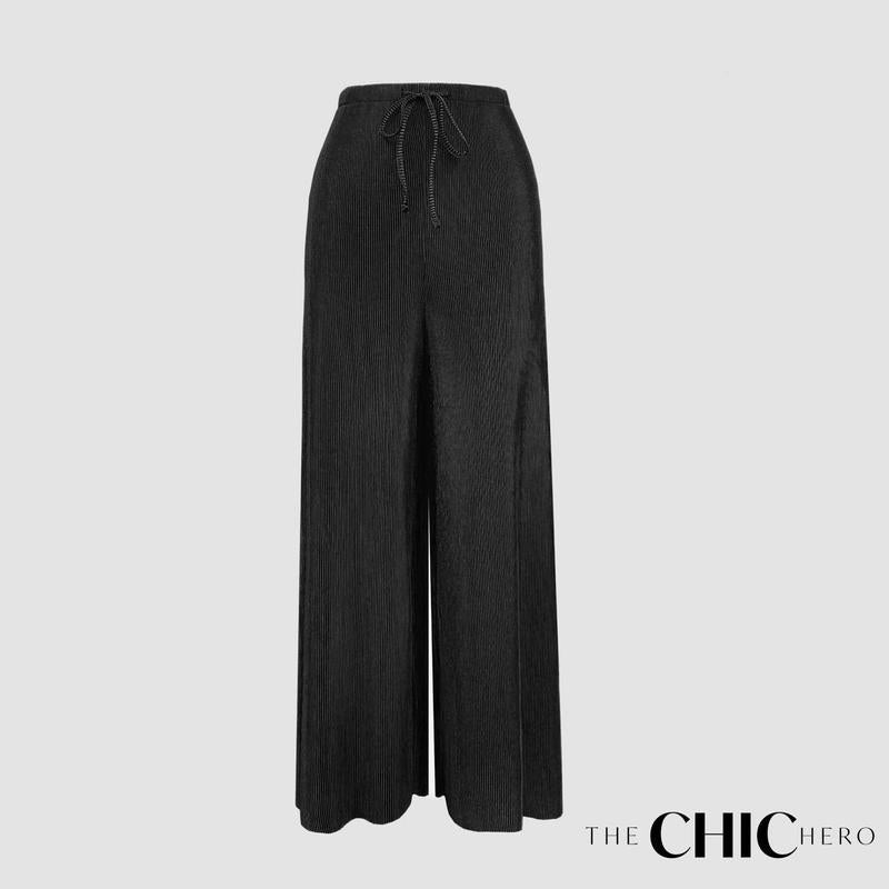 Black Wide-Leg Drawstring Pants Palazzo Pleated Pants PLUS(2XL-3XL)