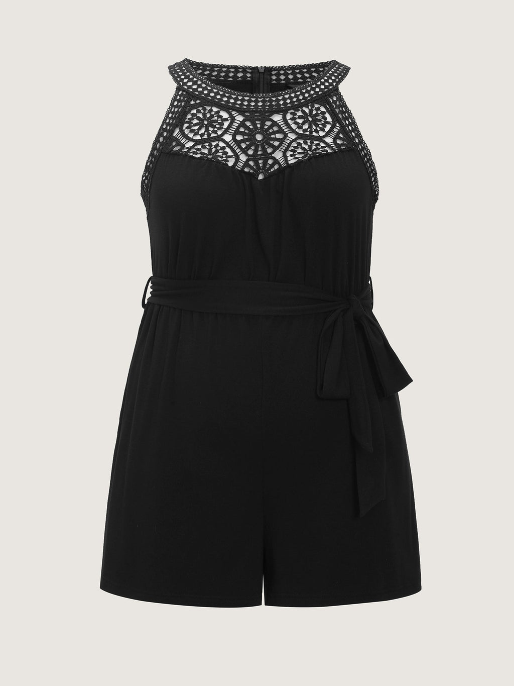 Sheer Lace Neckline Waist-Tie Romper