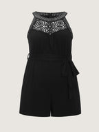 Sheer Lace Neckline Waist-Tie Romper