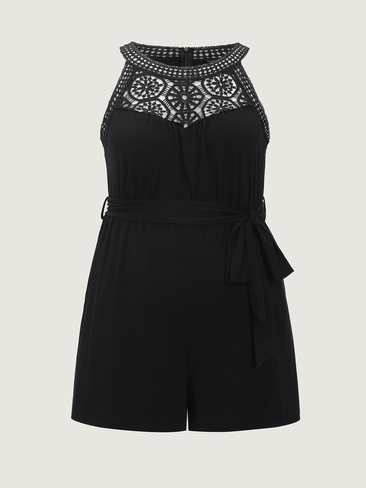 Sheer Lace Neckline Waist-Tie Romper