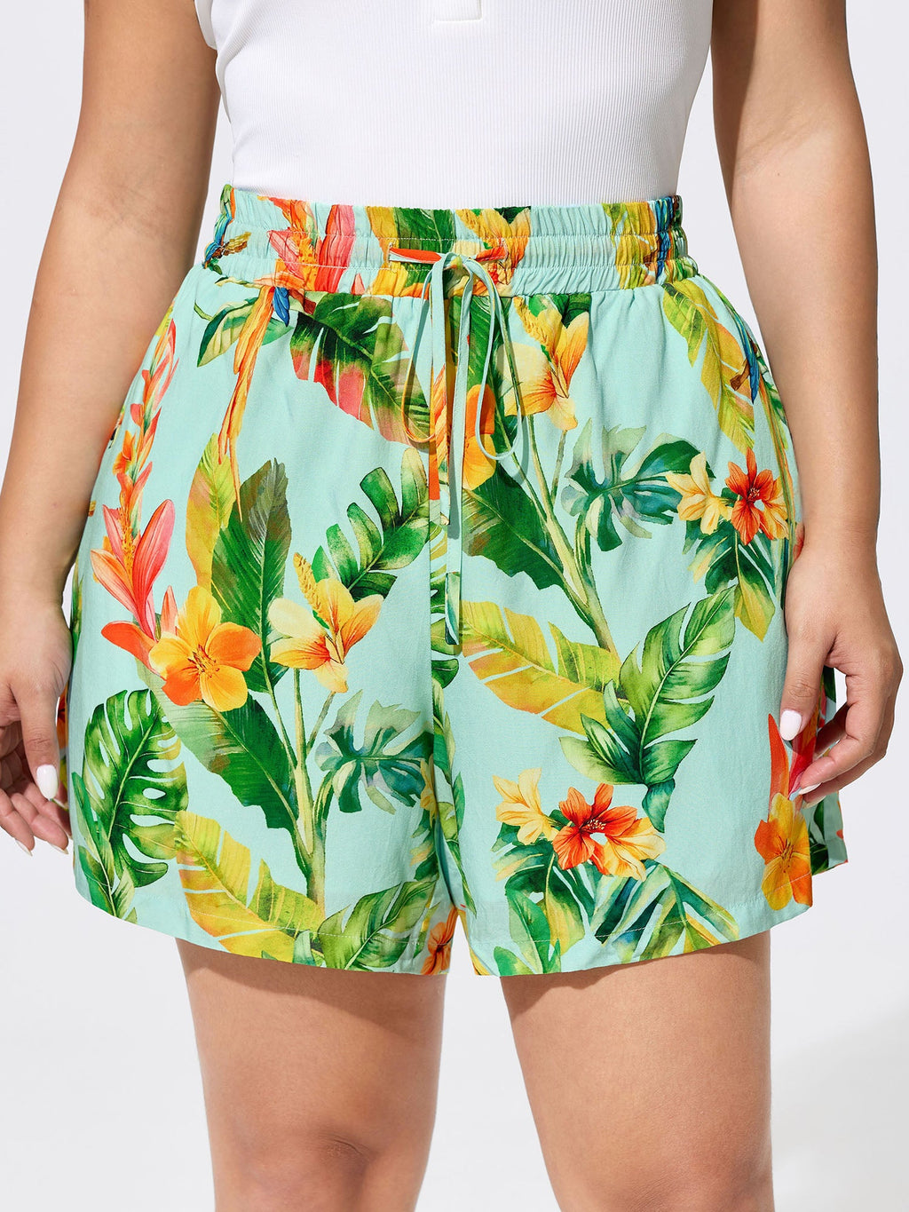 Tropical Breeze Print Elastic Waist Shorts