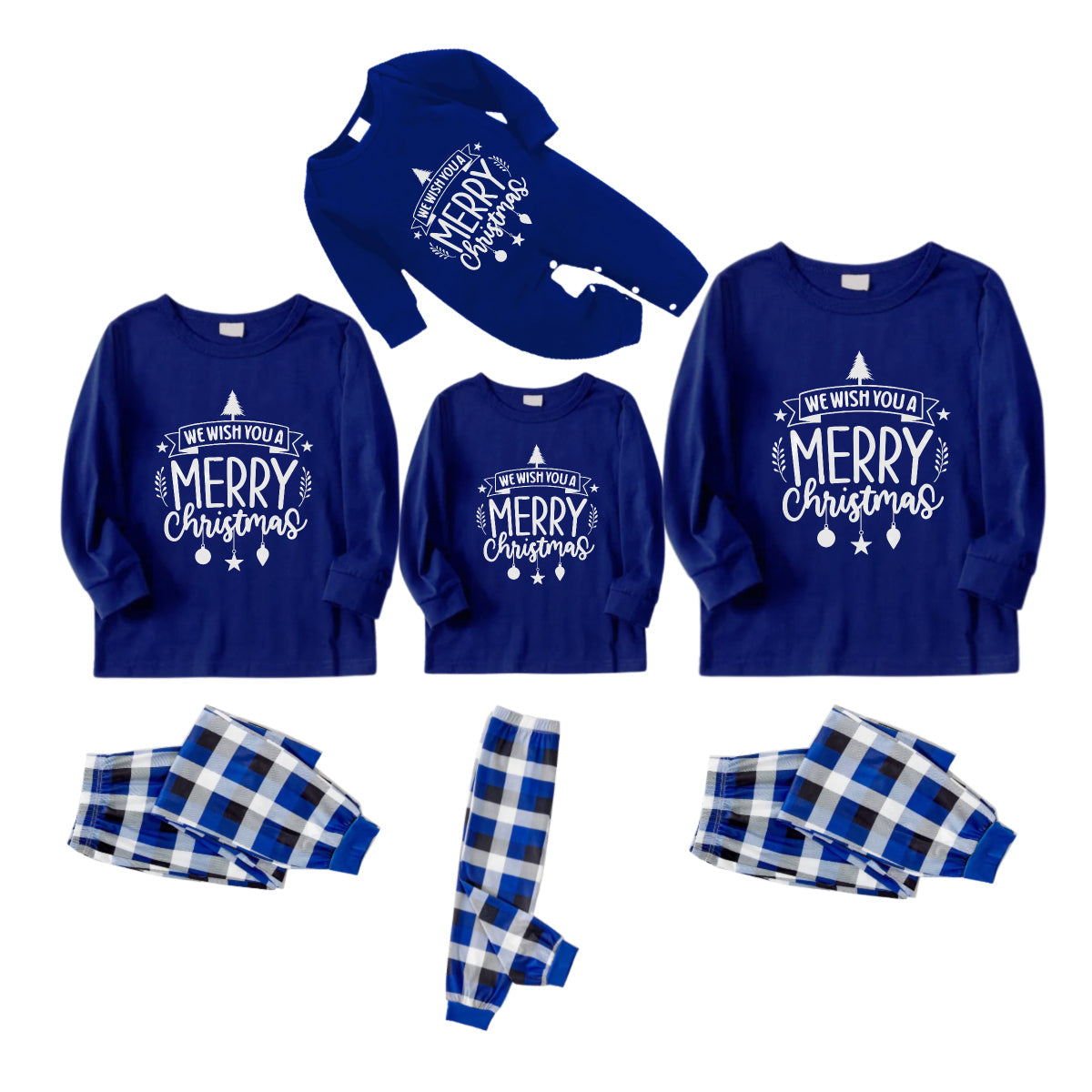 Christmas Family Matching Pajamas-Navy & White Plaid Pjs Set with "We Wish You A Merry Christmas" Print