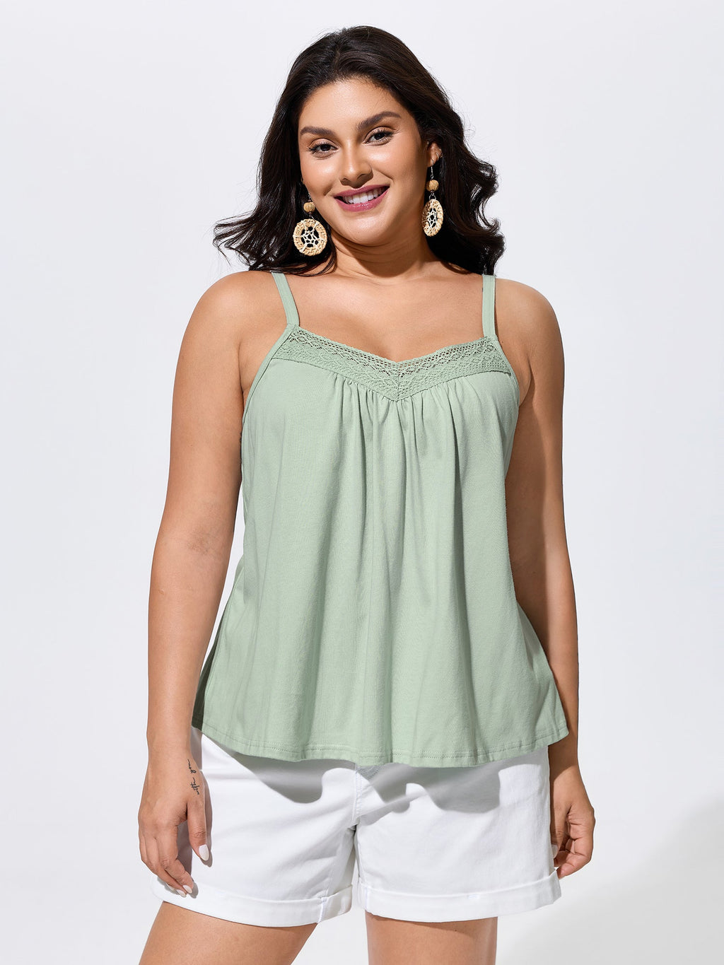 Cotton Lace Trim Flowy Plain Tank Top